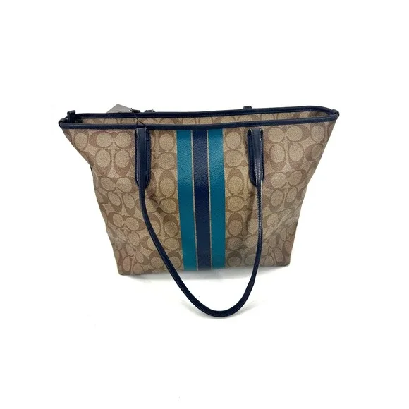 Coach City Tote Signature Canvas Varsity Stripe Brown Teal Navy Zip Top Bag - Picture 2 of 9